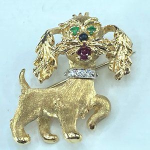 JR6925 Signed Dankner 14KYG Terrier Dog pin with gems & diamond 1.25" x 1" 9.0g